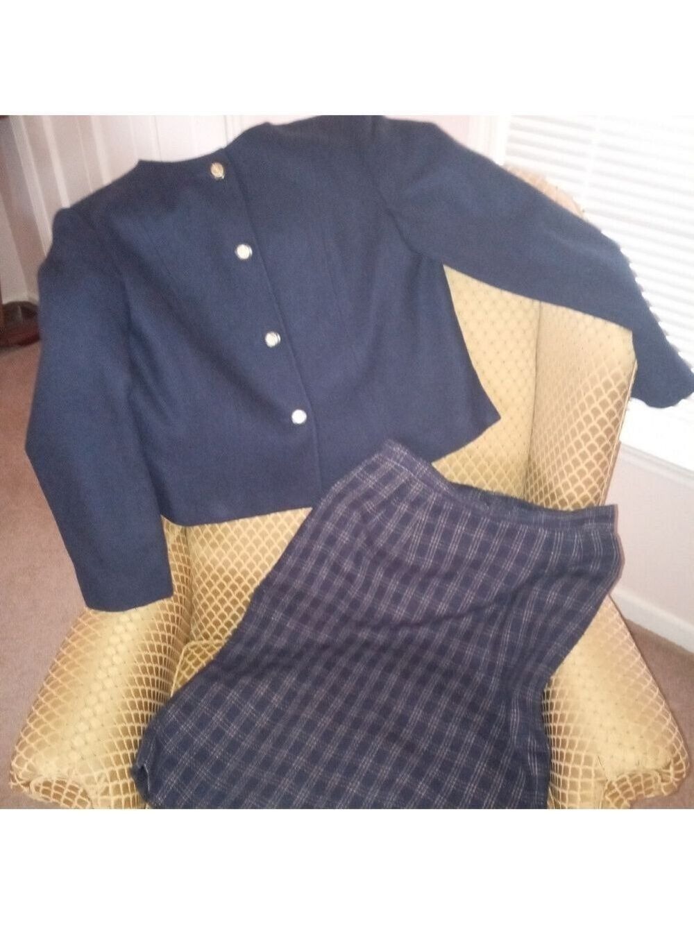 Worthington Navy Plaid Wool Jacket Skirt Suit 90s